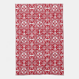 Moroccan tile - dark red and white tea towel