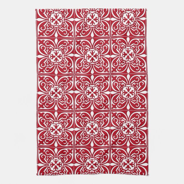 Moroccan tile - dark red and white tea towel (Vertical)