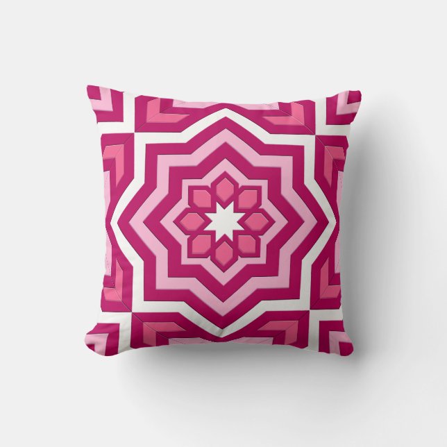 Moroccan Tile, Fuchsia, Pastel Pink and White Cushion (Front)
