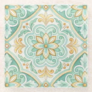 Moroccan Tile Geometric Floral Pattern Glass Coaster