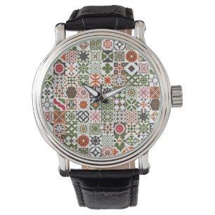 Moroccan tile - green,black,red watch