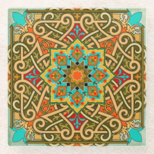 Moroccan Tile Green Gold Blue Glass Coaster