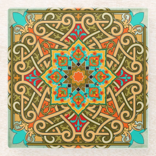 Moroccan Tile Green Gold Blue Glass Coaster (Front)
