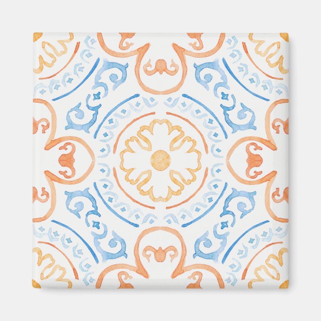 Moroccan tile in blue and orange magnet (Front)