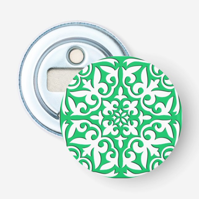 Moroccan tile - jade green and white bottle opener (Front)