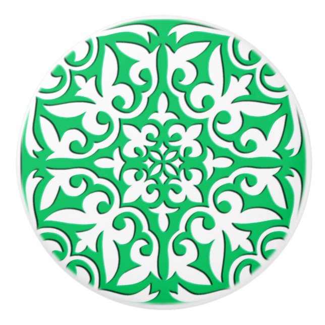 Moroccan tile - jade green and white ceramic knob (Front)