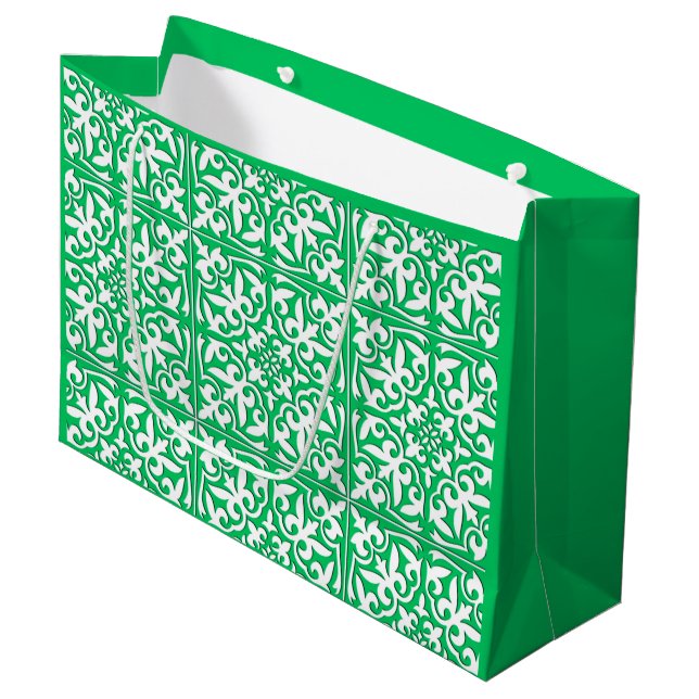 Moroccan tile - jade green and white large gift bag (Front Angled)