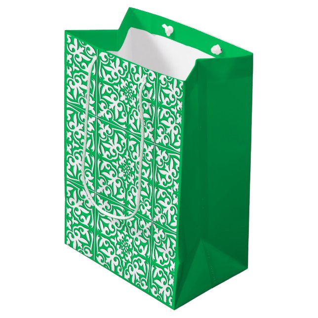 Moroccan tile - jade green and white medium gift bag (Front Angled)