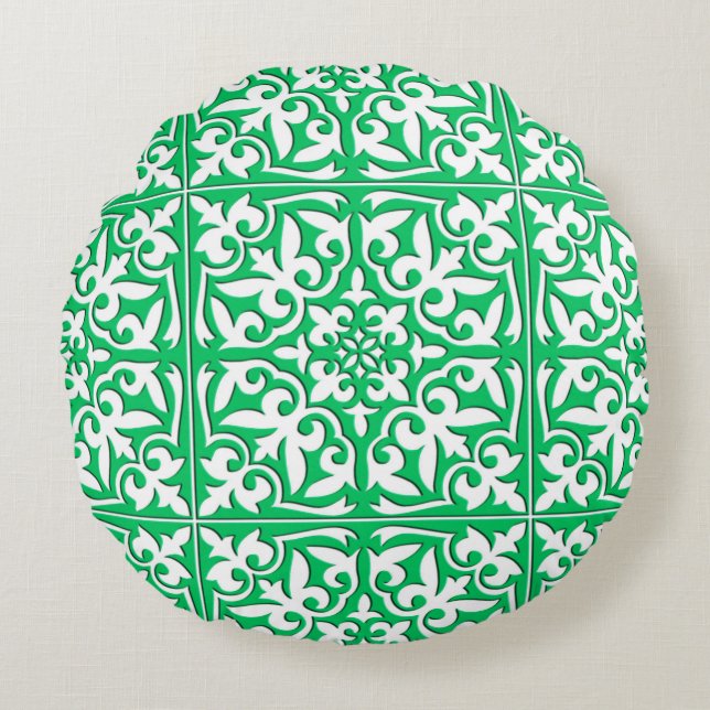 Moroccan tile - jade green and white round cushion (Front)
