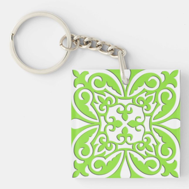 Moroccan tile - lime green and white key ring (Front)