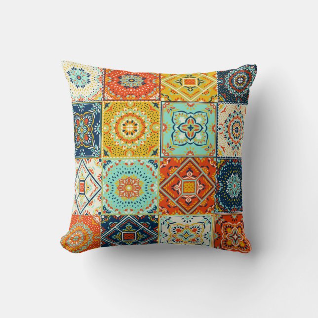 Moroccan tile mosaic illustration pattern cushion (Front)