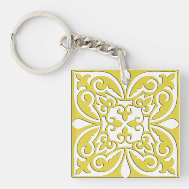Moroccan tile - mustard yellow and white key ring (Front)