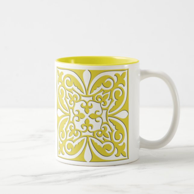 Moroccan tile - mustard yellow and white Two-Tone coffee mug (Right)