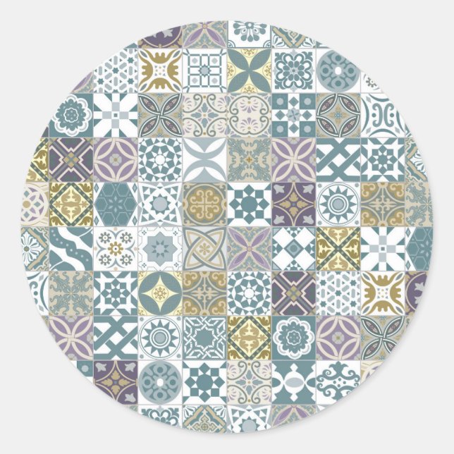 Moroccan tile - pastel blue and gold classic round sticker (Front)