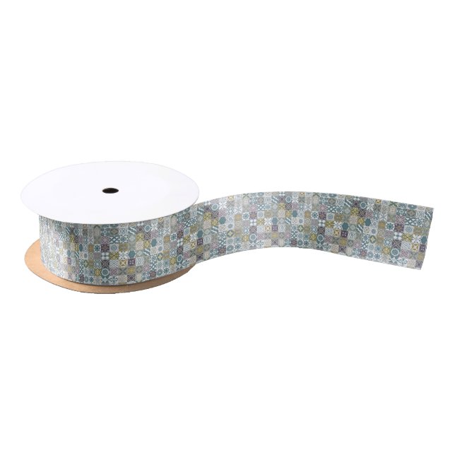 Moroccan tile - pastel blue and gold satin ribbon (Spool)