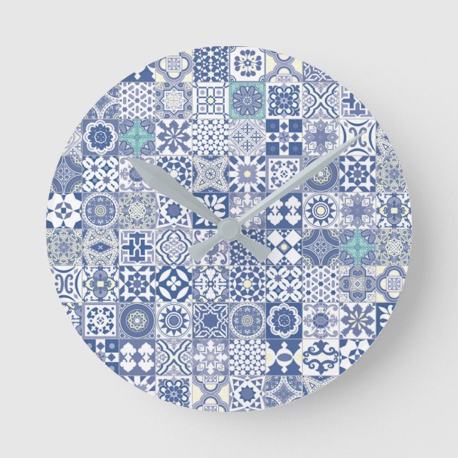 Moroccan tile pastel blue round clock (Front)