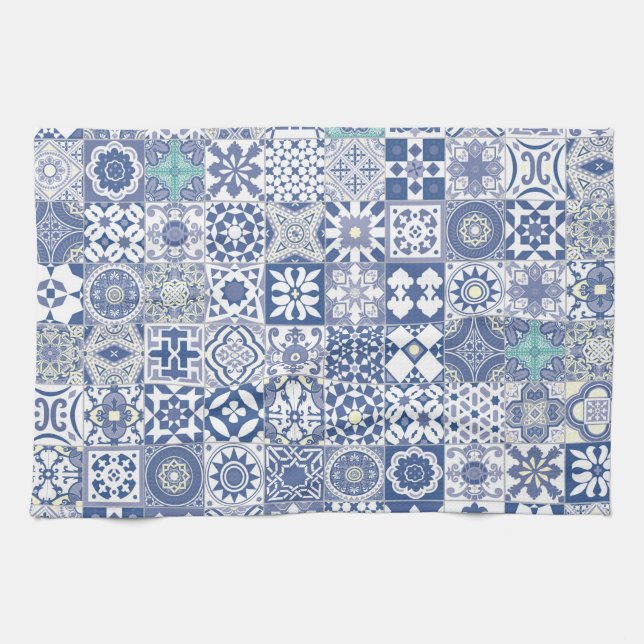 Moroccan tile pastel blue tea towel (Horizontal)