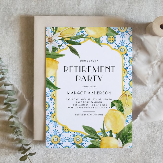 Moroccan Tile Pattern and Lemon Retirement Party Invitation (Customizable Retirement Party Invitation featuring Watercolor Moroccan Tile and Lemon Design)