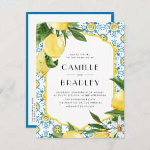 Moroccan Tile Pattern and Lemons QR Code Wedding Invitation Postcard
