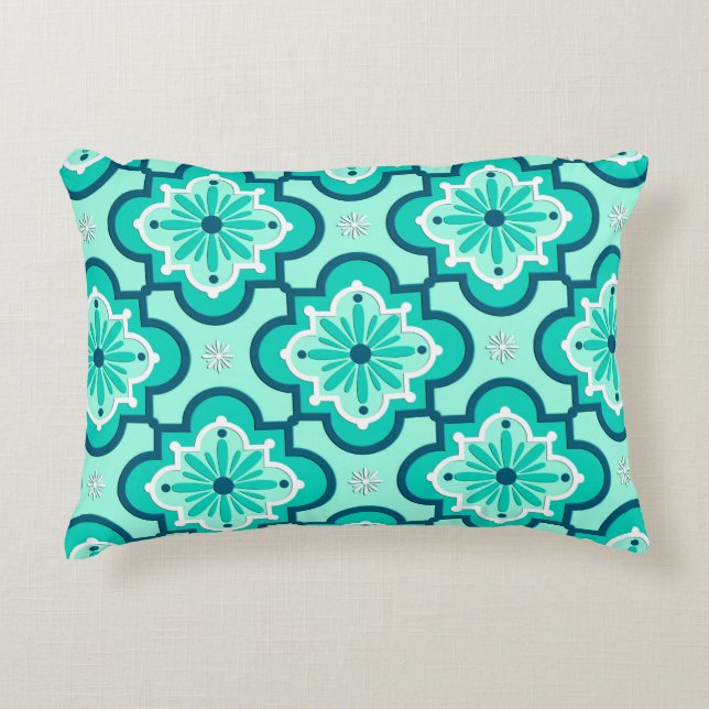 Moroccan Tile Pattern, Aqua and Turquoise Decorative Cushion (Front)