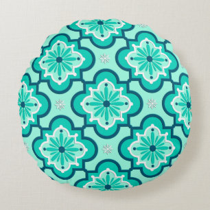 Moroccan Tile Pattern, Aqua and Turquoise Round Cushion
