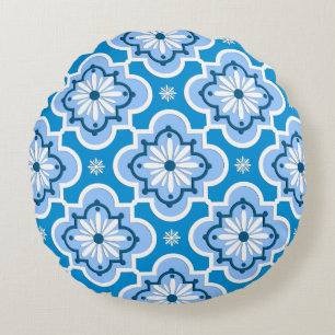 Moroccan tile pattern - Blue and White Round Cushion