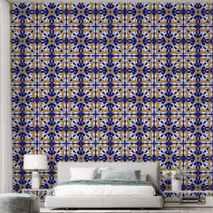 Moroccan Tile Pattern Blue Yellow Shaped Bohemian Wallpaper