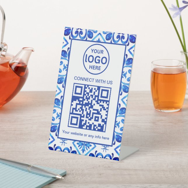 Moroccan Tile Pattern Business Logo and QR Code  Pedestal Sign (In SItu)