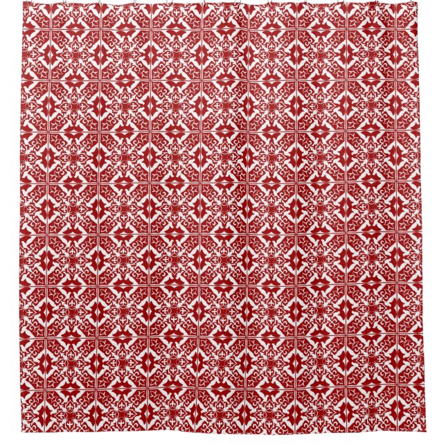 Moroccan Tile Pattern, Deep Red and White  Shower Curtain (Front)