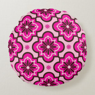 Moroccan Tile Pattern, Fuchsia Pink and Black Round Cushion