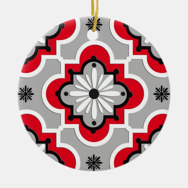 Moroccan tile pattern - Grey and Red Ceramic Tree Decoration (Front)