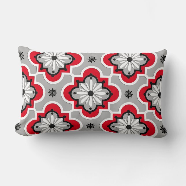Moroccan tile pattern - Grey and Red Lumbar Cushion (Front)