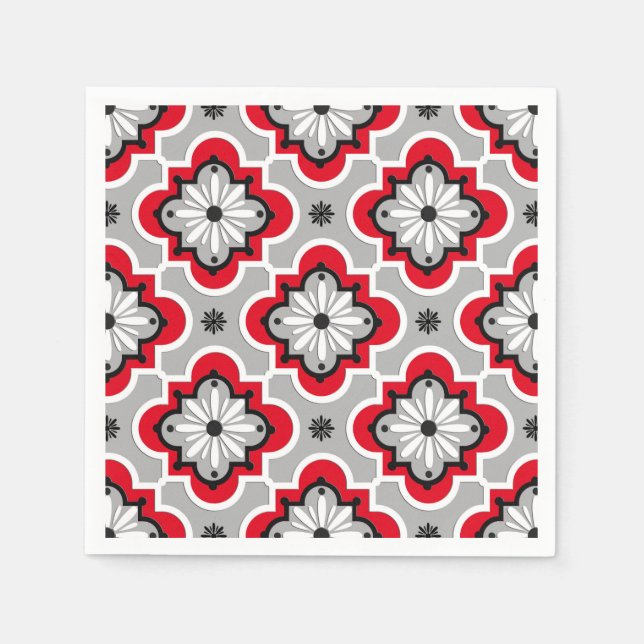Moroccan tile pattern - Grey and Red Napkin (Front)