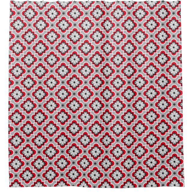Moroccan tile pattern - Grey and Red Shower Curtain (Front)
