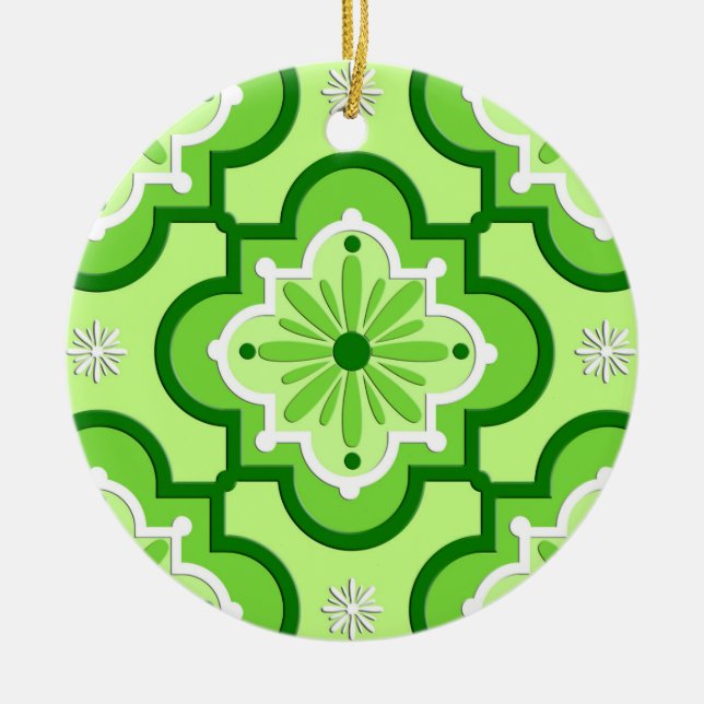 Moroccan tile pattern - Lime Green Ceramic Tree Decoration (Front)
