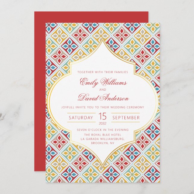 Moroccan Tile Pattern Red Wedding Invitation (Front/Back)