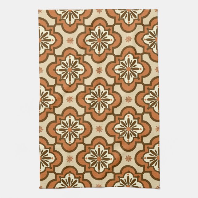 Moroccan tile pattern - Rust and Tan Tea Towel (Vertical)
