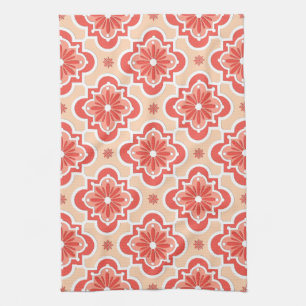 Moroccan tile pattern - Shades of Coral Orange Tea Towel
