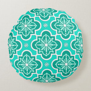 Moroccan tile pattern - Turquoise and Aqua Round Cushion