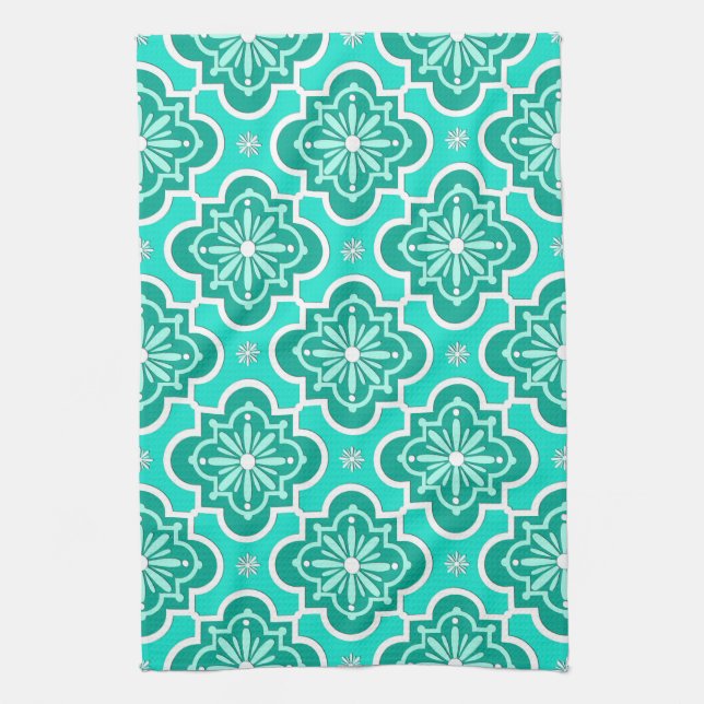 Moroccan tile pattern - Turquoise and Aqua Tea Towel (Vertical)