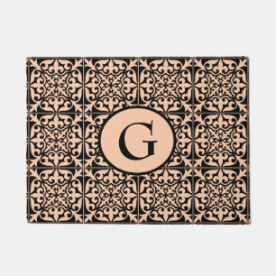 Moroccan tile, peach and black, with monogram doormat
