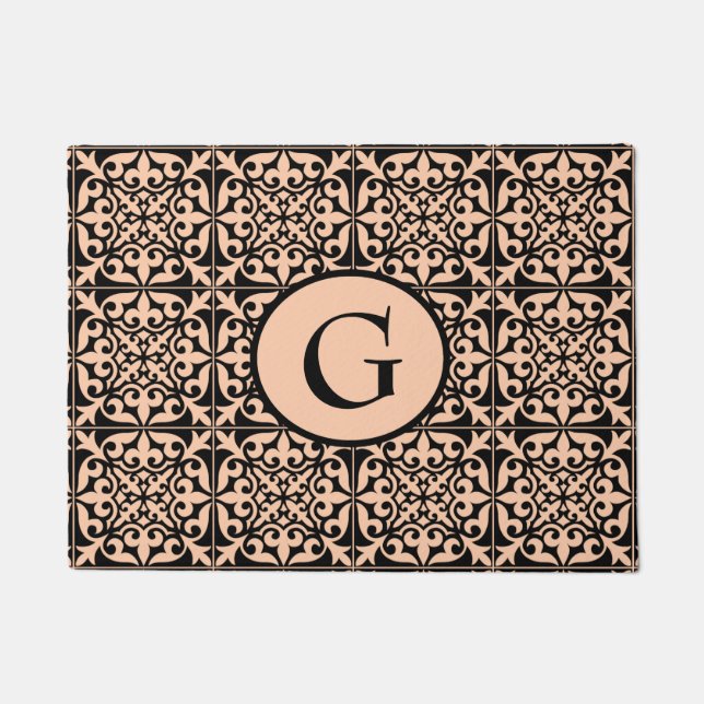 Moroccan tile, peach and black, with monogram doormat (Front)