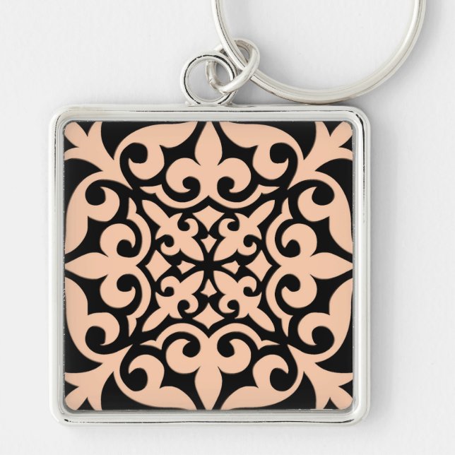 Moroccan tile - peach pink and black key ring (Front)