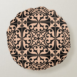 Moroccan tile - peach pink and black round cushion