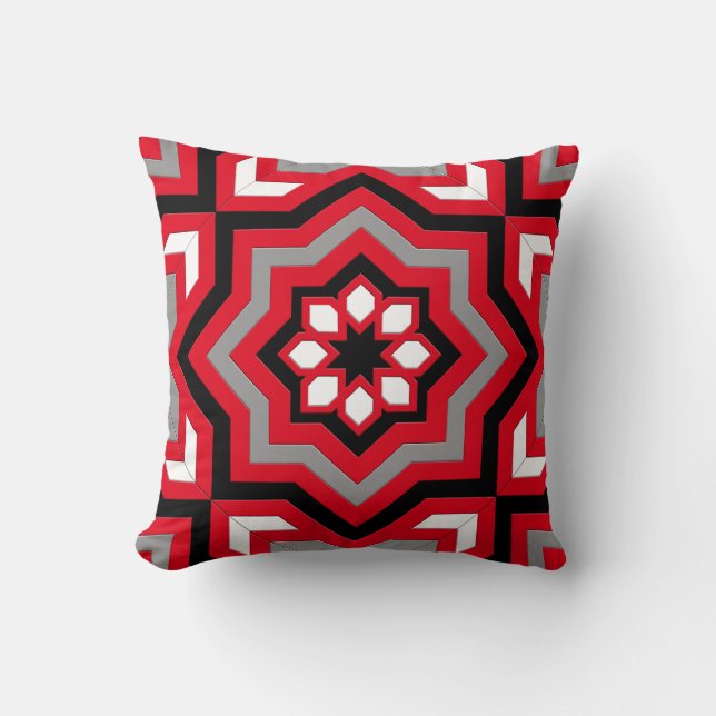 Moroccan Tile, Red, Grey / Grey, Black and White Cushion (Front)