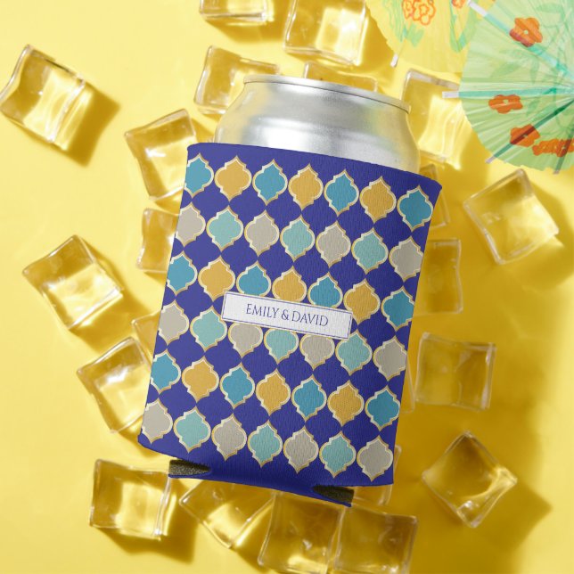 Moroccan Tile Royal Blue Golden Arab Wedding Can Cooler (In Situ Summer)