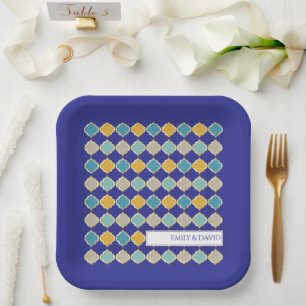 Moroccan Tile Royal Blue Golden Arab Wedding Paper Plate