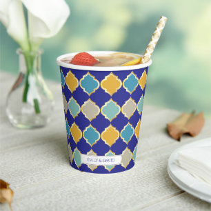 Moroccan Tile Royal Blue Golden Wedding Paper Cups