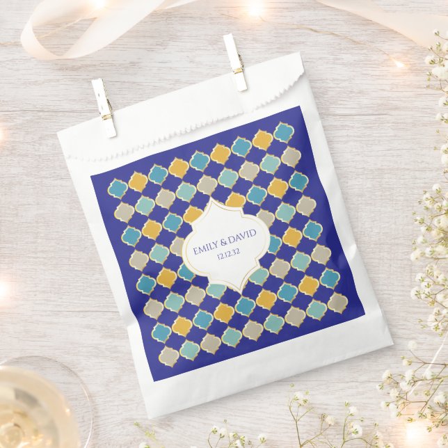 Moroccan Tile Royal Blue Yellow Wedding Favour Bags (Clipped)