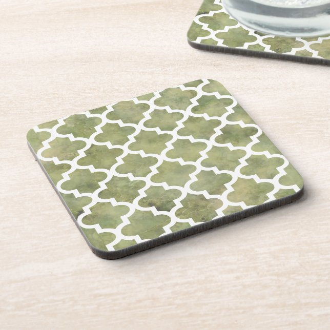 Moroccan Tile Trellis Patterm on Moss Green Marble Coaster (Left Side)
